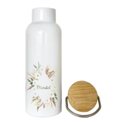Boho Trinkflasche mit Namen | Personalisiertes Geschenk mit Namen und Blumenkranz | 500 ml Isolierflasche aus Edelstahl mit Bambusdeckel