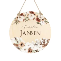 Boho Türschild mit dem Namen der Familie | Namensschild für die Tür | Besondere Geschenkidee für Familien | Rundes Schild aus Holz
