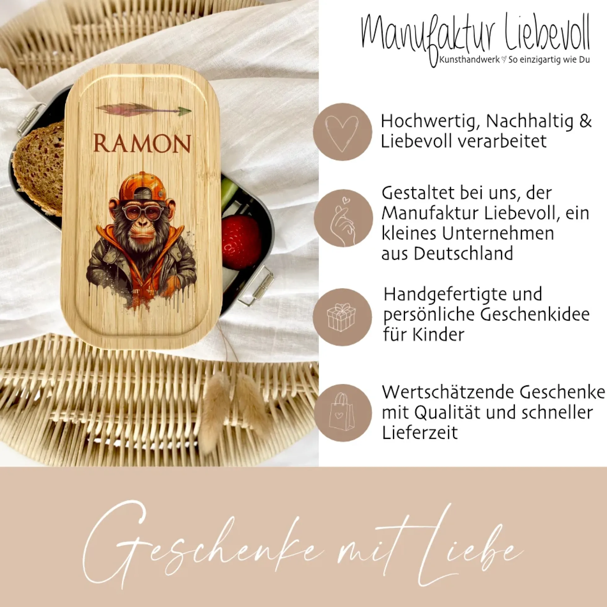 Brotdose "Affe" wählbar in Edelstahl mit Bambusdeckel und Namen für Kinder u. Teenager | Brotdose mit coolem Schimpansen | Personalisiertes Geschenk für Kinder