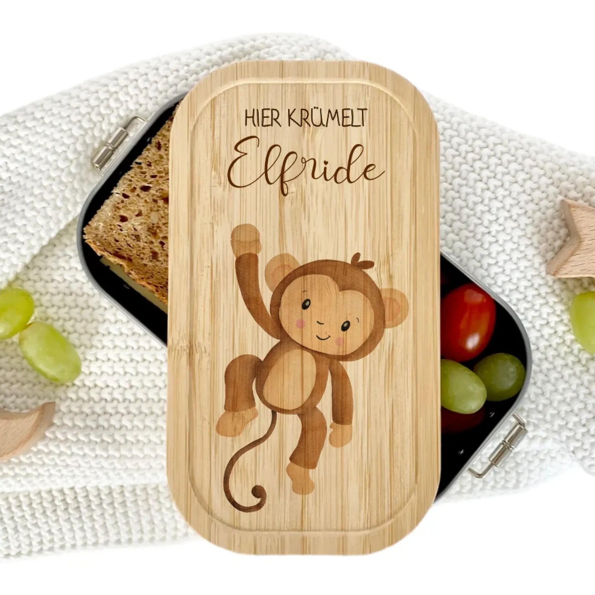 Brotdose "Affe" wählbar in Edelstahl mit Bambusdeckel und Namen für Kinder | Lunchbox mit Affemotiv | Personalisiertes Geschenk für Kinder
