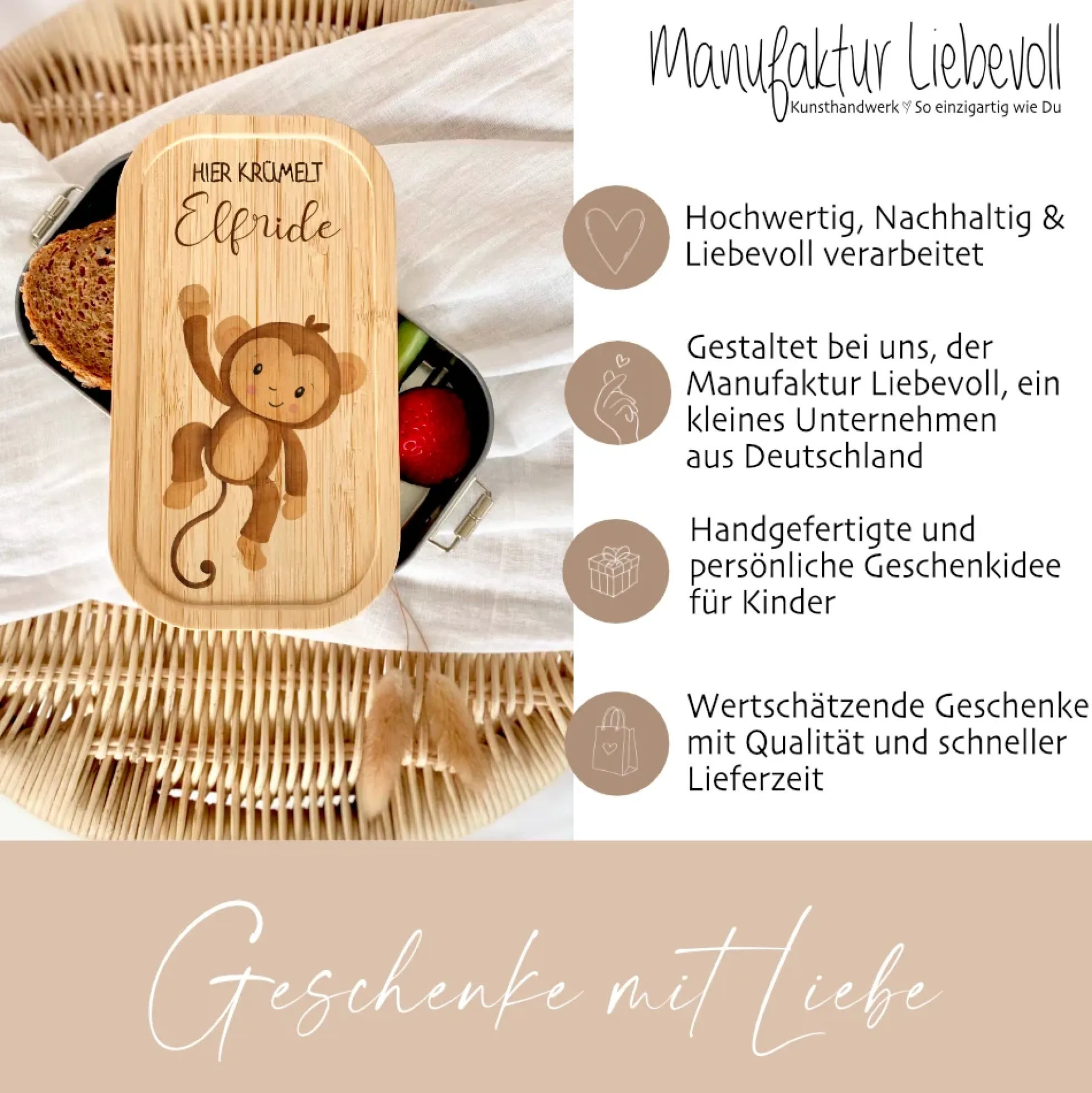 Brotdose "Affe" wählbar in Edelstahl mit Bambusdeckel und Namen für Kinder | Lunchbox mit Affemotiv | Personalisiertes Geschenk für Kinder