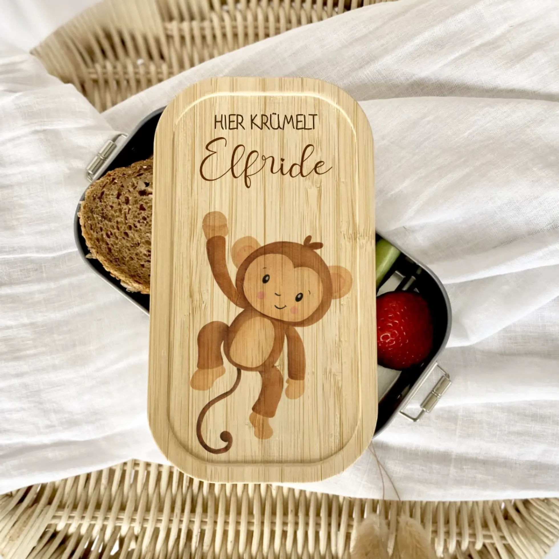 Brotdose "Affe" wählbar in Edelstahl mit Bambusdeckel und Namen für Kinder | Lunchbox mit Affemotiv | Personalisiertes Geschenk für Kinder