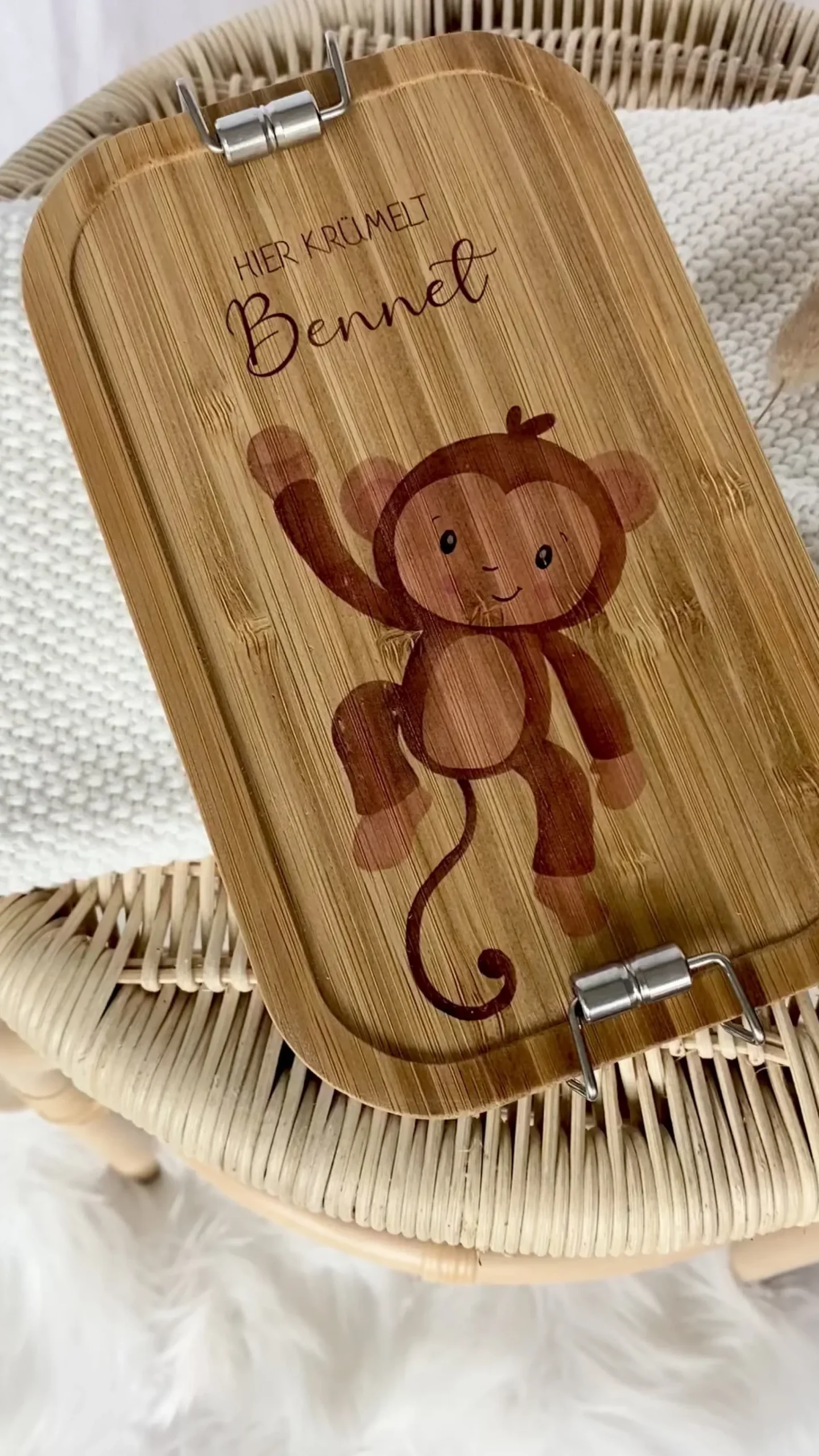 Brotdose "Affe" wählbar in Edelstahl mit Bambusdeckel und Namen für Kinder | Lunchbox mit Affemotiv | Personalisiertes Geschenk für Kinder