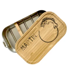 Brotdose "Angler" mit Bambusdeckel mit Namen für Angelfans | Lunchbox mit Motiv Fisch | Personalisierte Geschenkidee zum Hobby "Angeln"