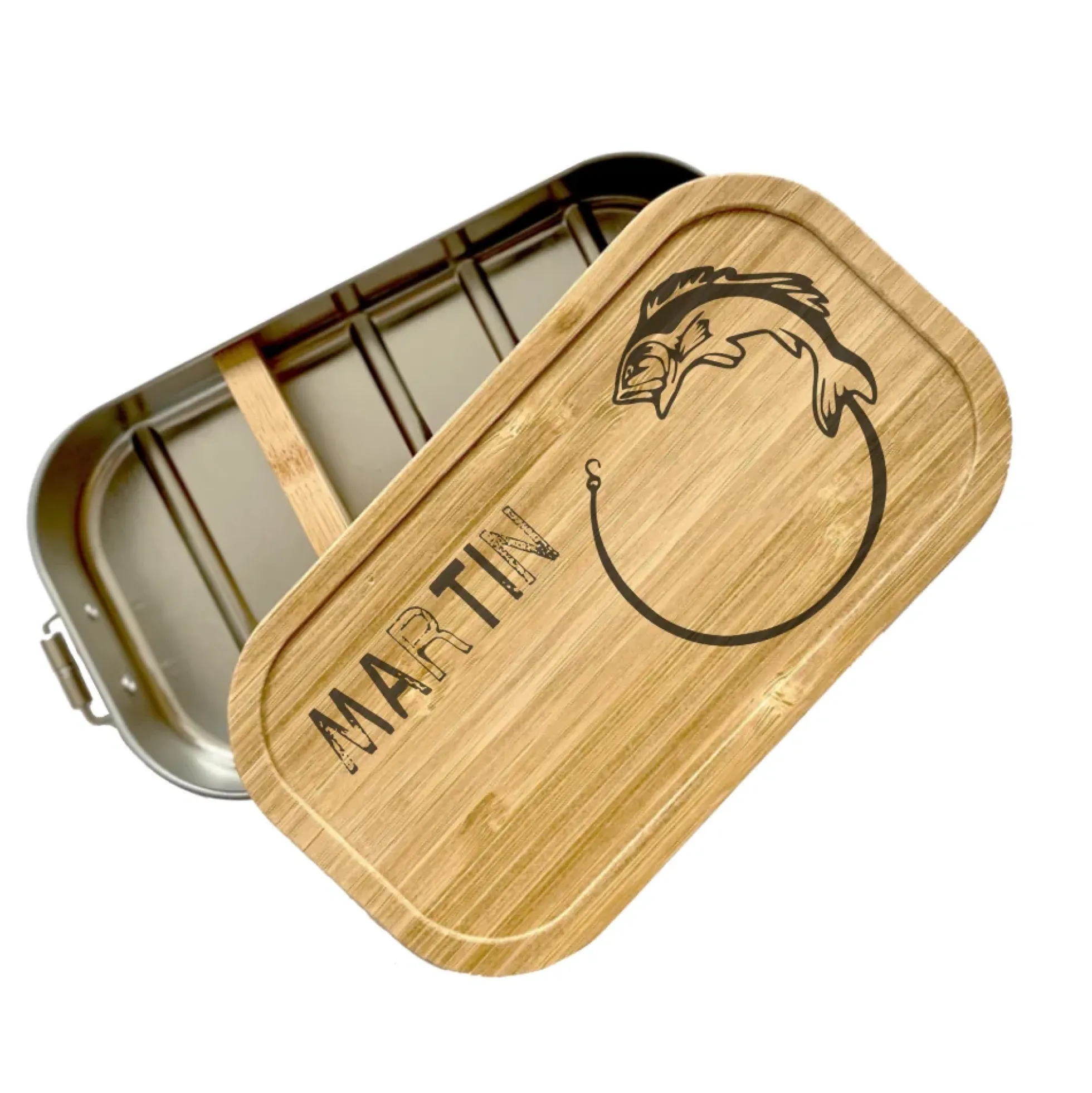 Brotdose "Angler" mit Bambusdeckel mit Namen für Angelfans | Lunchbox mit Motiv Fisch | Personalisierte Geschenkidee zum Hobby "Angeln"