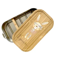 Brotdose "Ballerina " mit Hasenmotiv und Bambusdeckel mit Namen für Mädchen und Jungen| Lunchbox mit Hasenmotiv | Personalisierte Geschenkidee für Kinder