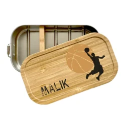 Brotdose "Basketball" mit Bambusdeckel und Namen für Ihn, Männer, Jungen, Frauen, Mädchen | Lunchbox mit Basketballspieler | Personalisierte Geschenkidee zum Sport