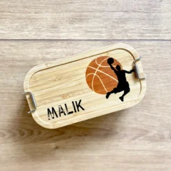 Brotdose "Basketball" mit Bambusdeckel und Namen für Ihn, Männer, Jungen, Frauen, Mädchen | Lunchbox mit Basketballspieler | Personalisierte Geschenkidee zum Sport