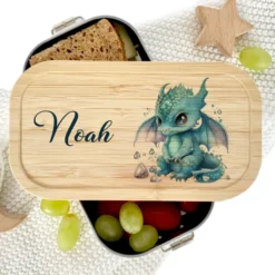 Brotdose "Blauer Drache" wählbar in Edelstahl mit Bambusdeckel und Namen für Kinder | Lunchbox "Fabelwesen" | Personalisiertes Geschenk für Kinder