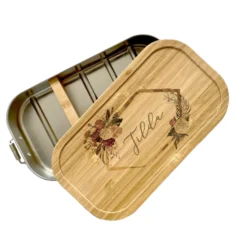 Brotdose "Blumenranke" mit Bambusdeckel und Namen | Boho Lunchbox mit floralem Motiv | Personalisierte Geschenkidee fürs Büro, Freizeit, Reisen