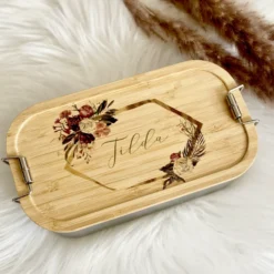 Brotdose "Blumenranke" mit Bambusdeckel und Namen | Boho Lunchbox mit floralem Motiv | Personalisierte Geschenkidee fürs Büro, Freizeit, Reisen
