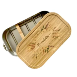 Brotdose "Boho Blumenkranz" mit Bambusdeckel und Namen | Boho Lunchbox mit floralem Motiv | Personalisierte Geschenkidee fürs Büro, Freizeit, Reisen