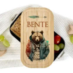 Brotdose "Bär" wählbar in Edelstahl mit Bambusdeckel und Namen für Kinder u. Teenager | Brotdose mit coolem Tier Motiv | Personalisiertes Geschenk für Kinder