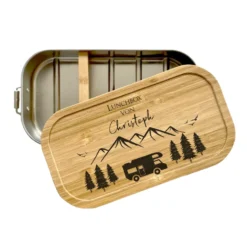 Brotdose "Camping" mit Bambusdeckel und Namen für Männer und Frauen | Lunchbox mit Wohnwagenmotiv | Personalisierte Geschenkidee fürs Caravaning