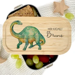 Brotdose "Dinosaurier" wählbar in Edelstahl mit Bambusdeckel und Namen für Kinder | Lunchbox "Dino" | Personalisiertes Geschenk für Kinder