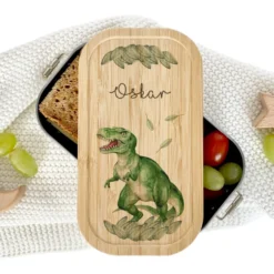Brotdose "Dino" wählbar in Edelstahl mit Bambusdeckel und Namen für Kinder | Wählbar in Edelstahl | Lunchbox mit Dinosaurier | Personalisiertes Geschenk für Kinder