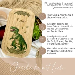 Brotdose "Dino" wählbar in Edelstahl mit Bambusdeckel und Namen für Kinder | Wählbar in Edelstahl | Lunchbox mit Dinosaurier | Personalisiertes Geschenk für Kinder