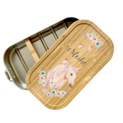Brotdose "Einhorn" mit Bambusdeckel und Namen für Mädchen und Jungen | wählbar in Edelstahl | Lunchbox mit Einhornmotiv | Personalisierte Geschenkidee für Kinder