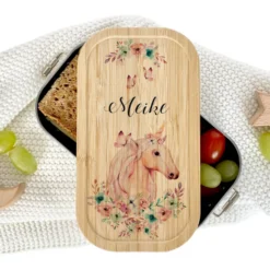 Brotdose "Einhorn" mit Bambusdeckel und Namen für Mädchen und Jungen | wählbar in Edelstahl | Lunchbox mit Einhornmotiv | Personalisierte Geschenkidee für Kinder