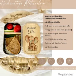 Brotdose "Elefant" wählbar in Edelstahl mit Bambusdeckel und Namen für Kinder | Lunchbox "Elefant" | Personalisiertes Geschenk für Kinder