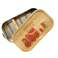 Brotdose "Feuerwehr" mit Bambusdeckel und Namen für Jungen und Mädchen | Lunchbox mit Motiv Feuerwehr | Personalisierte Geschenkidee für Kinder