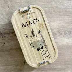 Brotdose "Giraffe" mit Bambusdeckel mit Namen für Mädchen u. Jungen | Lunchbox mit Tiermotiv | Personalisierte Geschenkidee für Kinder