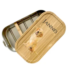 Brotdose "Hund " mit Tiermotiv und Bambusdeckel mit Namen für Kinder | Lunchbox mit Welpen | Personalisierte Geschenkidee für Mädchen u. Jungen