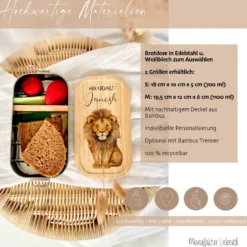 Brotdose "Löwe" wählbar in Edelstahl mit Bambusdeckel und Namen für Kinder | Brotdose mit Tier Safari Motiv | Personalisiertes Geschenk für Kinder