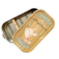 Brotdose mit Namen für Mädchen u. Jungen | Wählbar in Edelstahl | Lunchbox mit Motiv "Fuchs" | Personalisiertes Geschenk für Kinder