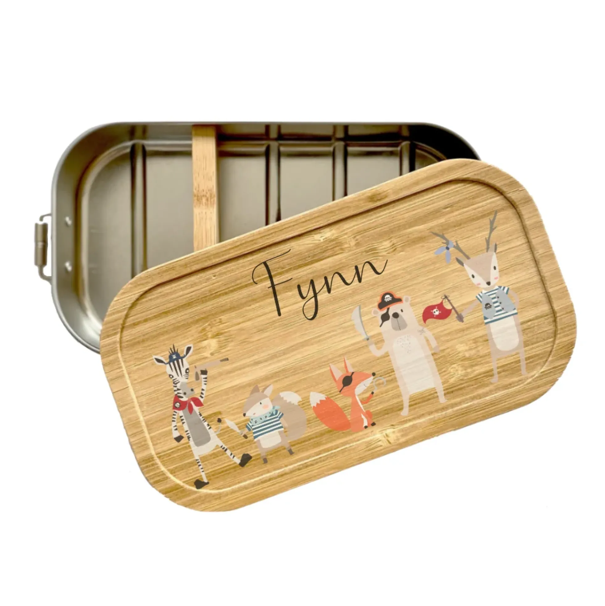 Brotdose "Piraten" mit Bambusdeckel mit Namen für Jungen und Mädchen | Lunchbox mit Motiv Tierpiraten | Personalisierte Geschenkidee für Kinder