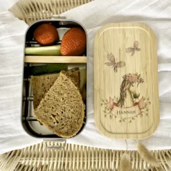 Brotdose "Pony" mit Namen und Bambusdeckel für Mädchen und Jungen | Wählbar in Edelstahl Lunchbox mit Pferd | Personalisierte Geschenkidee für Kinder