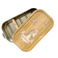 Brotdose "Pony" mit Namen und Bambusdeckel für Mädchen und Jungen | Wählbar in Edelstahl Lunchbox mit Pferd | Personalisierte Geschenkidee für Kinder