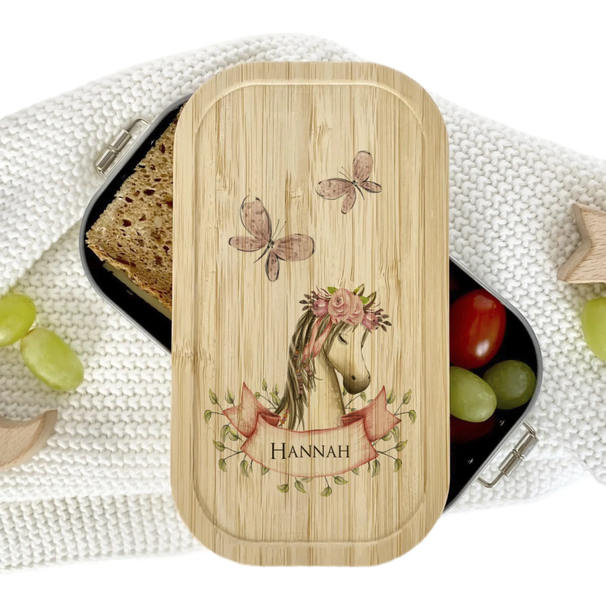 Brotdose "Pony" mit Namen und Bambusdeckel für Mädchen und Jungen | Wählbar in Edelstahl Lunchbox mit Pferd | Personalisierte Geschenkidee für Kinder
