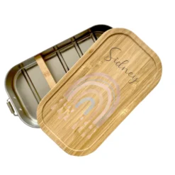 Brotdose "Regenbogen" mit Namen mit Bambusdeckel für Mädchen und Jungen | Lunchbox "Rainbow" | Personalisierte Geschenkidee für Kinder