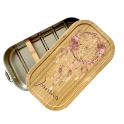 Brotdose "Traumfänger" mit Bambusdeckel und Namen für Frauen | Lunchbox mit Traumfänger | Wählbar in Edelstahl | Personalisierte Geschenkidee fürs Büro, Freizeit, Reisen, Achtsamkeit