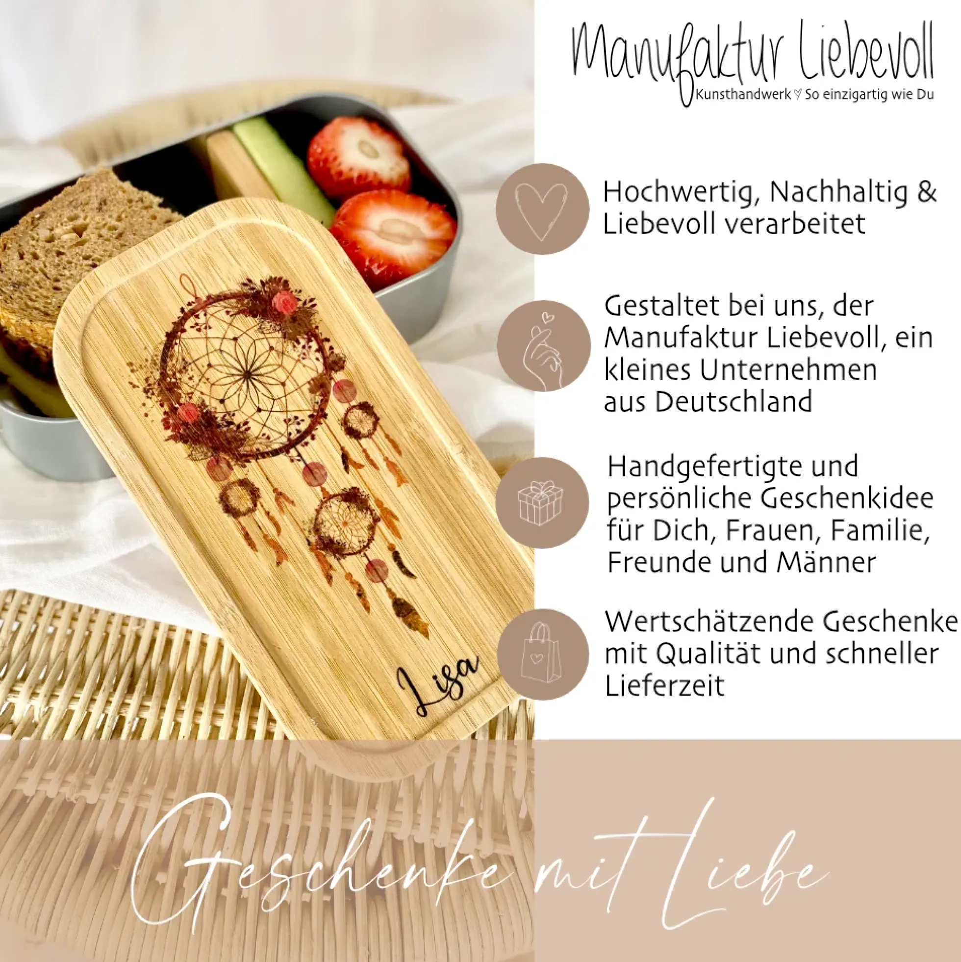 Brotdose "Traumfänger" mit Bambusdeckel und Namen für Frauen | Lunchbox mit Traumfänger | Wählbar in Edelstahl | Personalisierte Geschenkidee fürs Büro, Freizeit, Reisen, Achtsamkeit