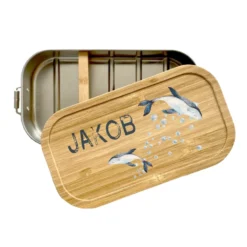 Brotdose "Wal" mit Bambusdeckel und Namen für Kinder | Lunchbox mit Meerestieren | Personalisiertes Geschenk für Kinder