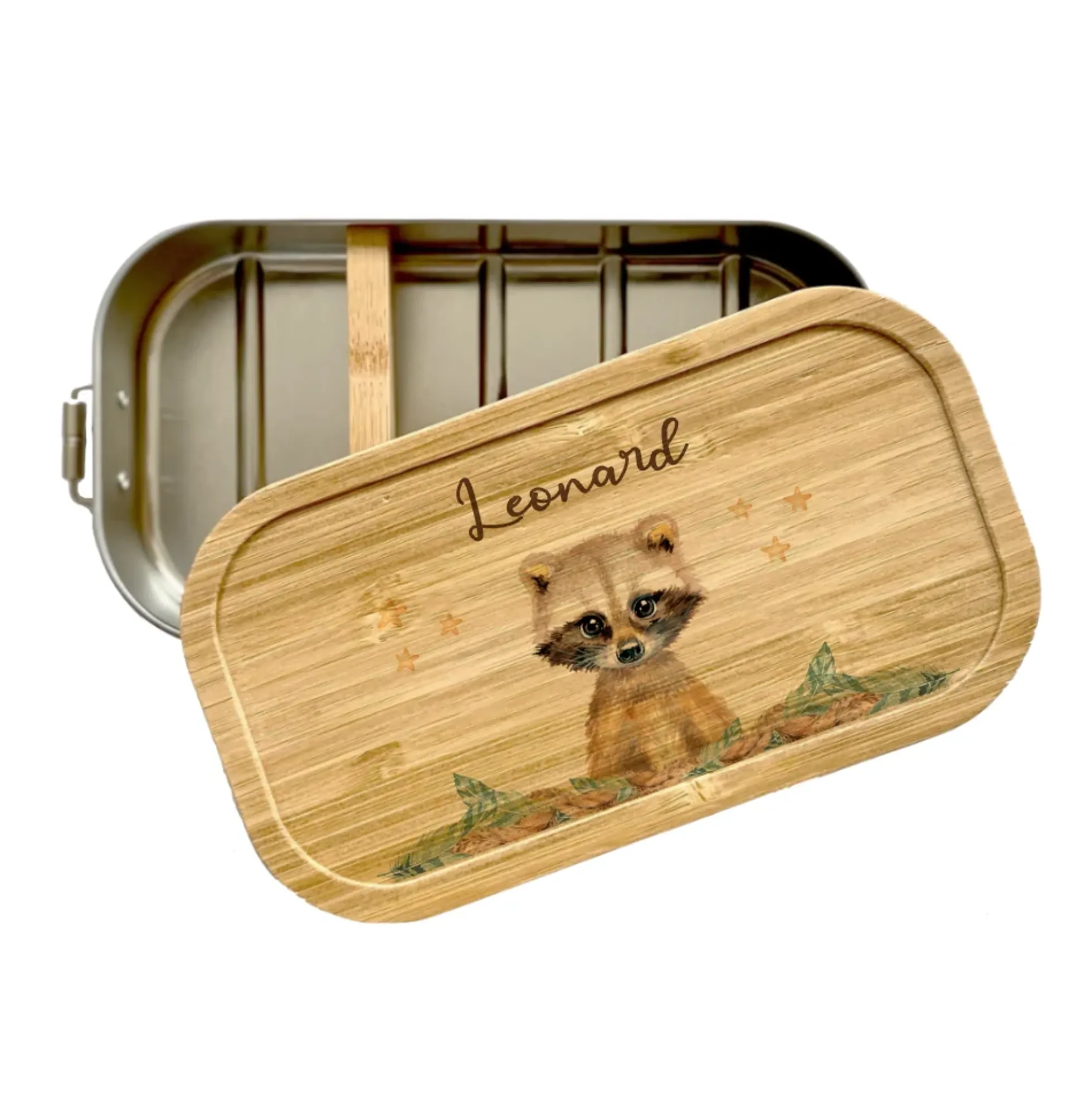 Brotdose Waschbär mit Namen für Kinder | Lunchbox mit Tiermotiv für Jungen und Mädchen | Kindergarten und Schule | Personalisiertes Geburtstagsgeschenk