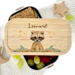 Brotdose Waschbär mit Namen für Kinder | Lunchbox mit Tiermotiv für Jungen und Mädchen | Kindergarten und Schule | Personalisiertes Geburtstagsgeschenk