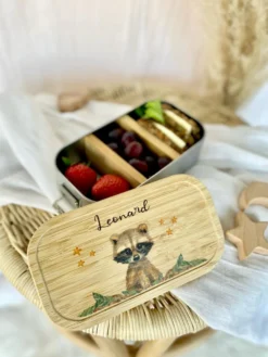 Brotdose Waschbär mit Namen für Kinder | Lunchbox mit Tiermotiv für Jungen und Mädchen | Kindergarten und Schule | Personalisiertes Geburtstagsgeschenk