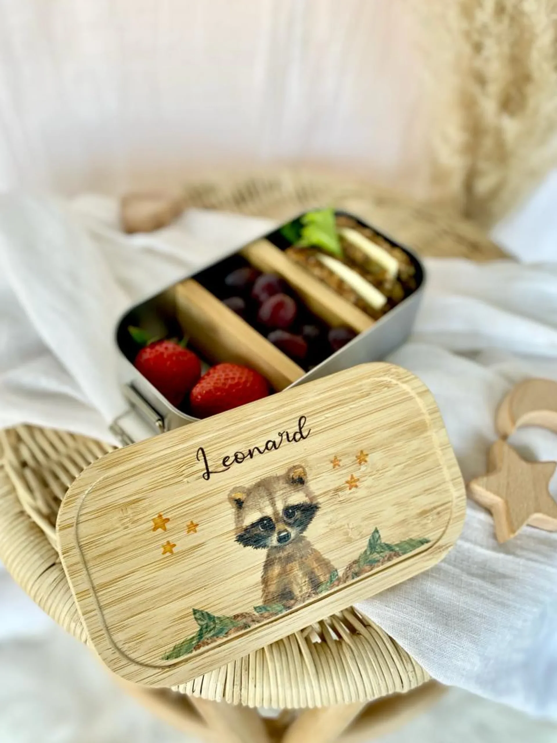 Brotdose Waschbär mit Namen für Kinder | Lunchbox mit Tiermotiv für Jungen und Mädchen | Kindergarten und Schule | Personalisiertes Geburtstagsgeschenk