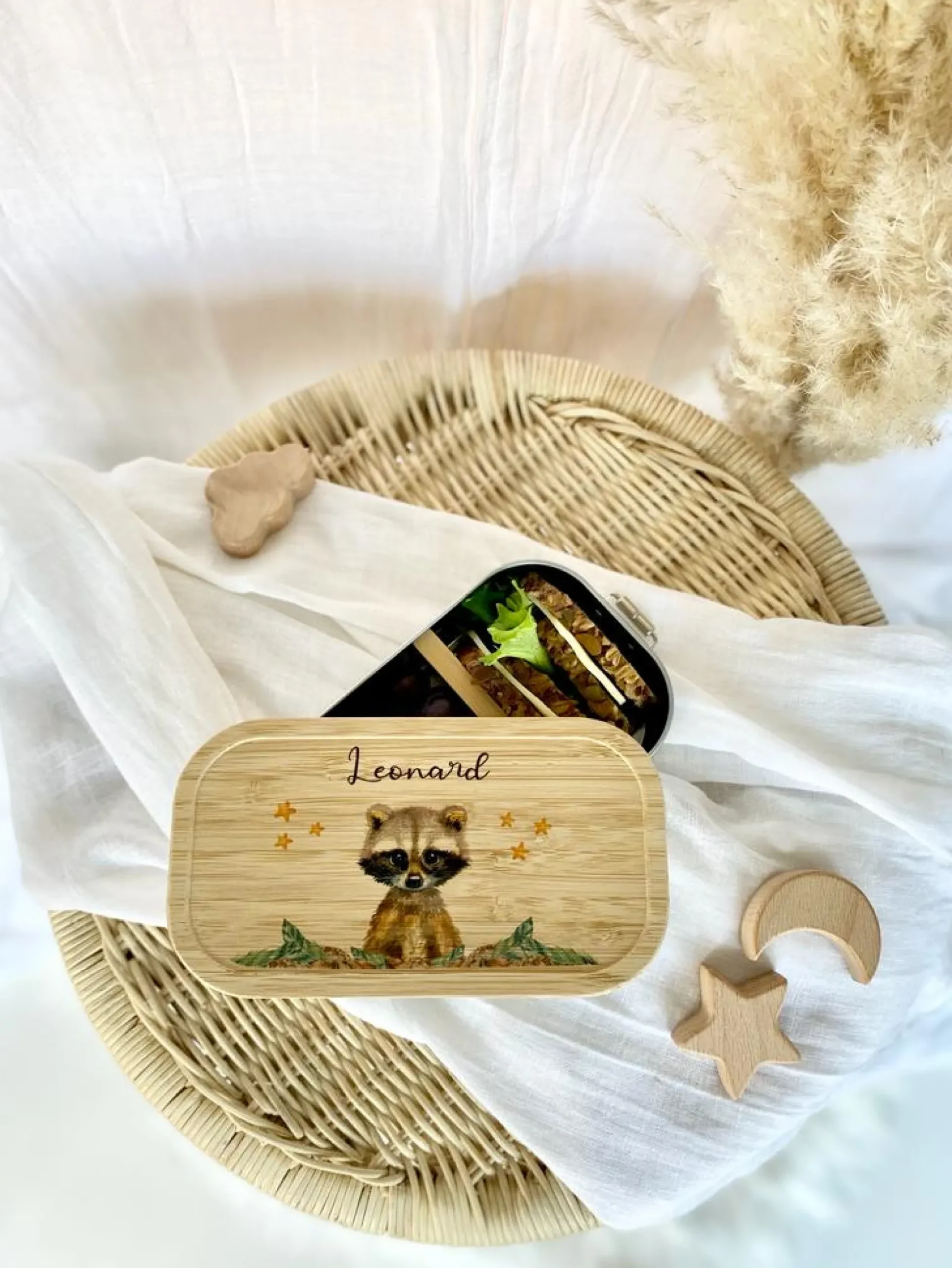 Brotdose Waschbär mit Namen für Kinder | Lunchbox mit Tiermotiv für Jungen und Mädchen | Kindergarten und Schule | Personalisiertes Geburtstagsgeschenk