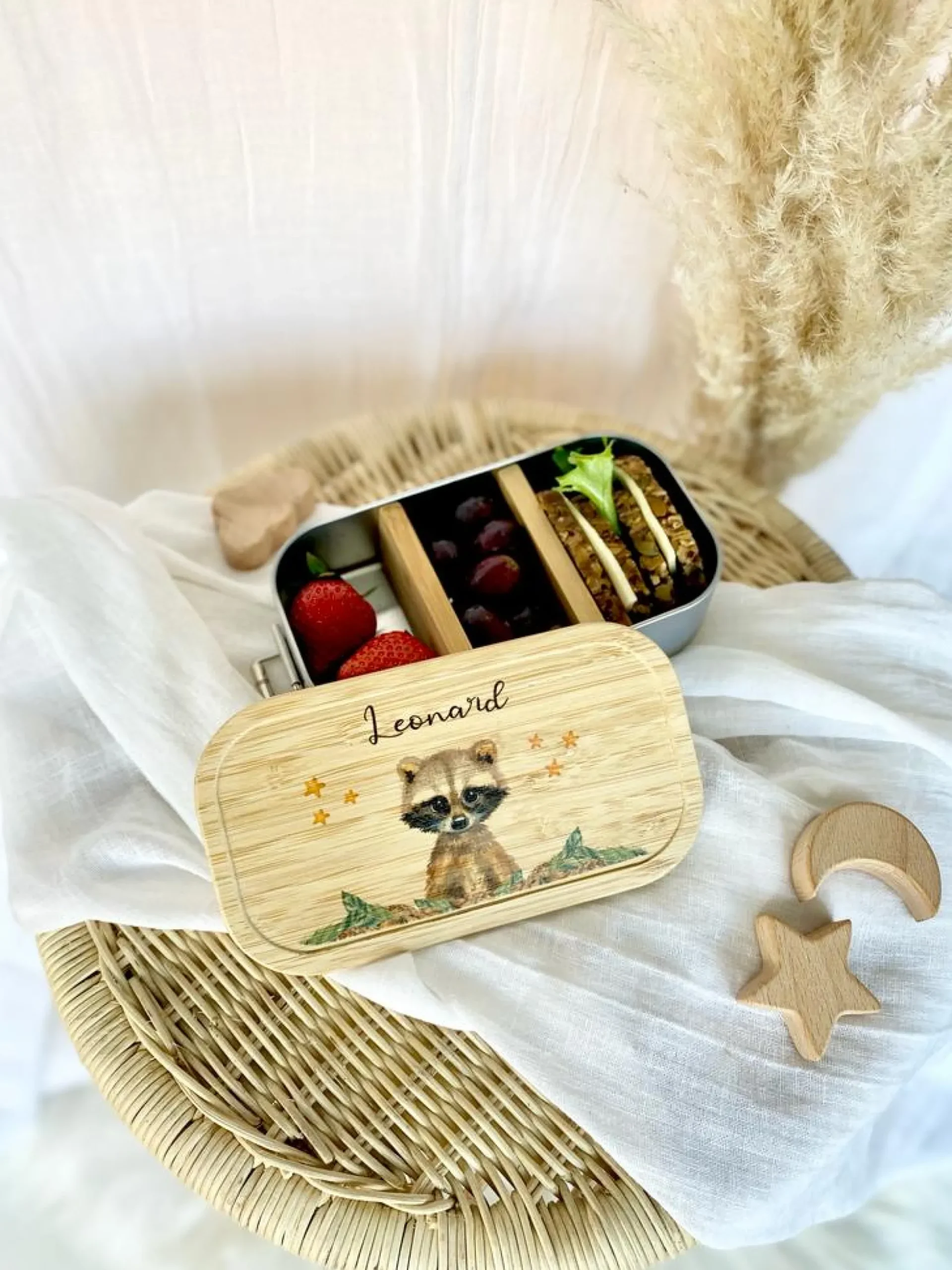 Brotdose Waschbär mit Namen für Kinder | Lunchbox mit Tiermotiv für Jungen und Mädchen | Kindergarten und Schule | Personalisiertes Geburtstagsgeschenk
