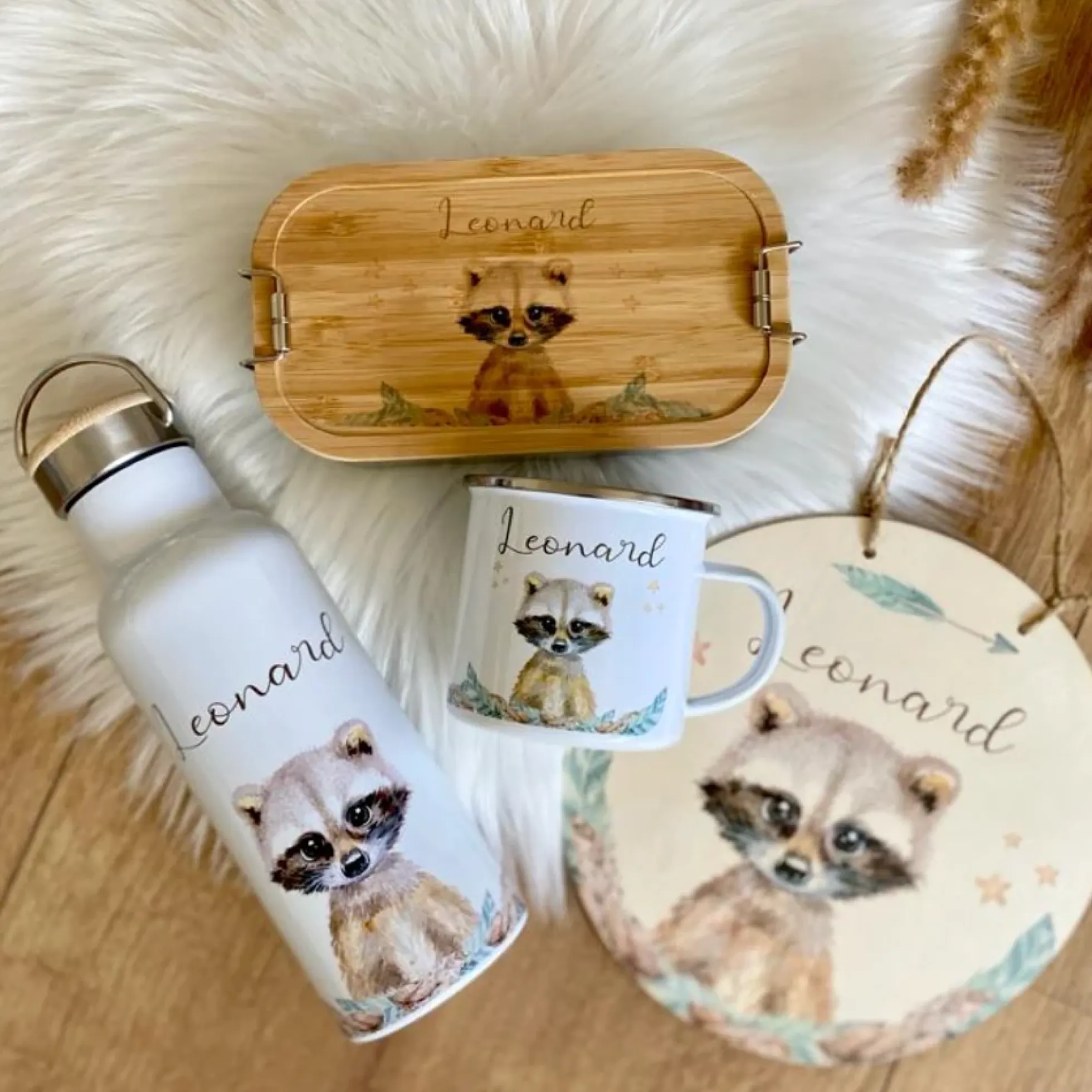 Brotdose Waschbär mit Namen für Kinder | Lunchbox mit Tiermotiv für Jungen und Mädchen | Kindergarten und Schule | Personalisiertes Geburtstagsgeschenk