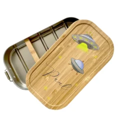 Brotdose "Weltall" mit Bambusdeckel für Kinder mit Namen | Personalisierte Lunchbox | Geschenkidee für Kinder