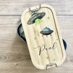 Brotdose "Weltall" mit Bambusdeckel für Kinder mit Namen | Personalisierte Lunchbox | Geschenkidee für Kinder