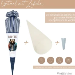 Coole blaue Bären Stoff Schultüte für Jungen mit Namen handgenähte Tier Zuckertüte Einschulungstüte Einschulungsdatum 70 cm | Optional mit Füllkissen und Spitzenschutz
