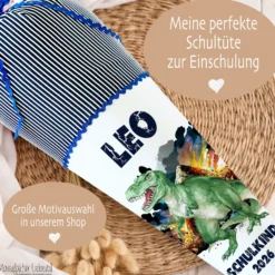 Dinosaurier Stoff Schultüte T Rex | Personalisiert mit dem Namen für Jungen | Optional mit Füllkissen und Spitzenschutz
