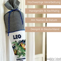 Dinosaurier Stoff Schultüte T Rex | Personalisiert mit dem Namen für Jungen | Optional mit Füllkissen und Spitzenschutz