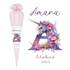 Einhorn Stoff Schultüte für Mädchen I Pferd Pony Zuckertüte Monogramm Namen Einschulungstüte Datum Blumen Füllkissen 70 cm I Optional mit Füllkissen und Spitzenschutz
